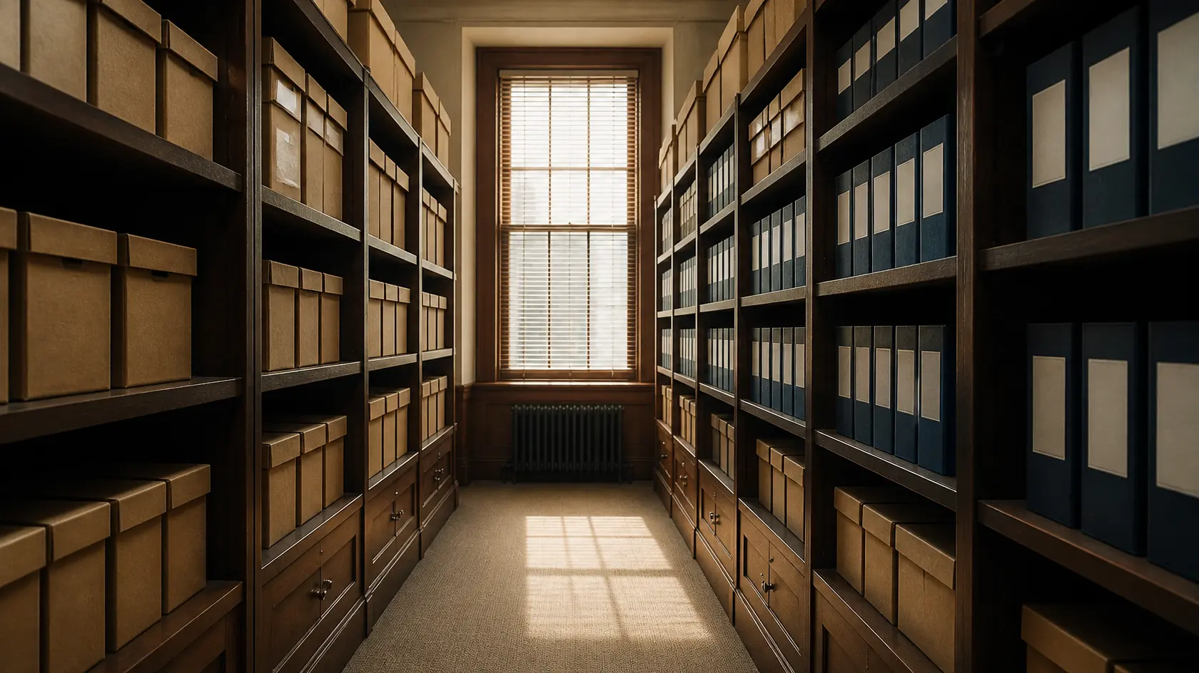 A tidy records room with shelves of archive boxes and navy binders leading to a sunlit window.